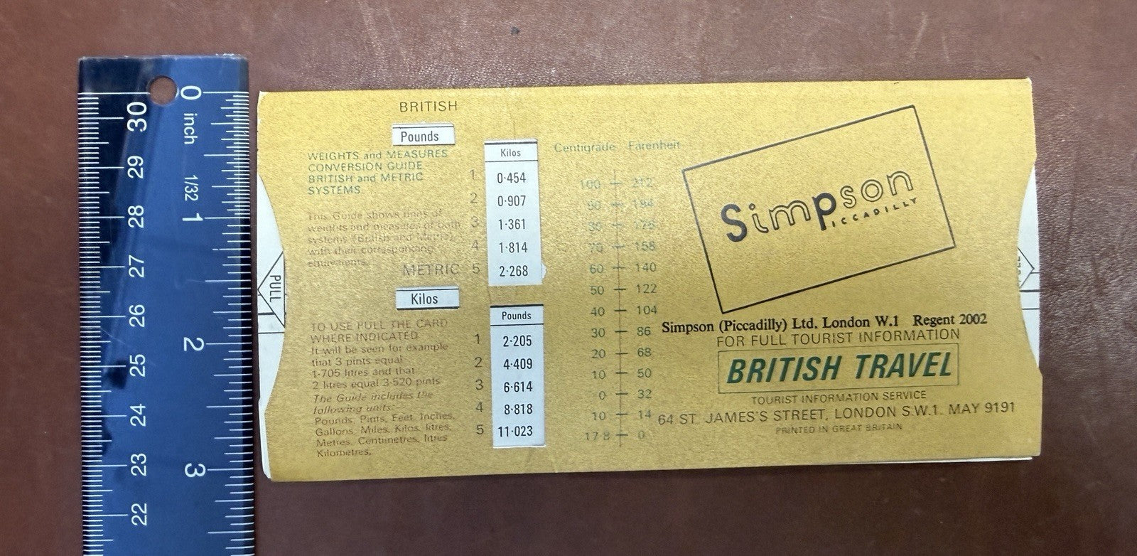 1968 British Travel Currency Conversion Guide Simpson Piccadilly London