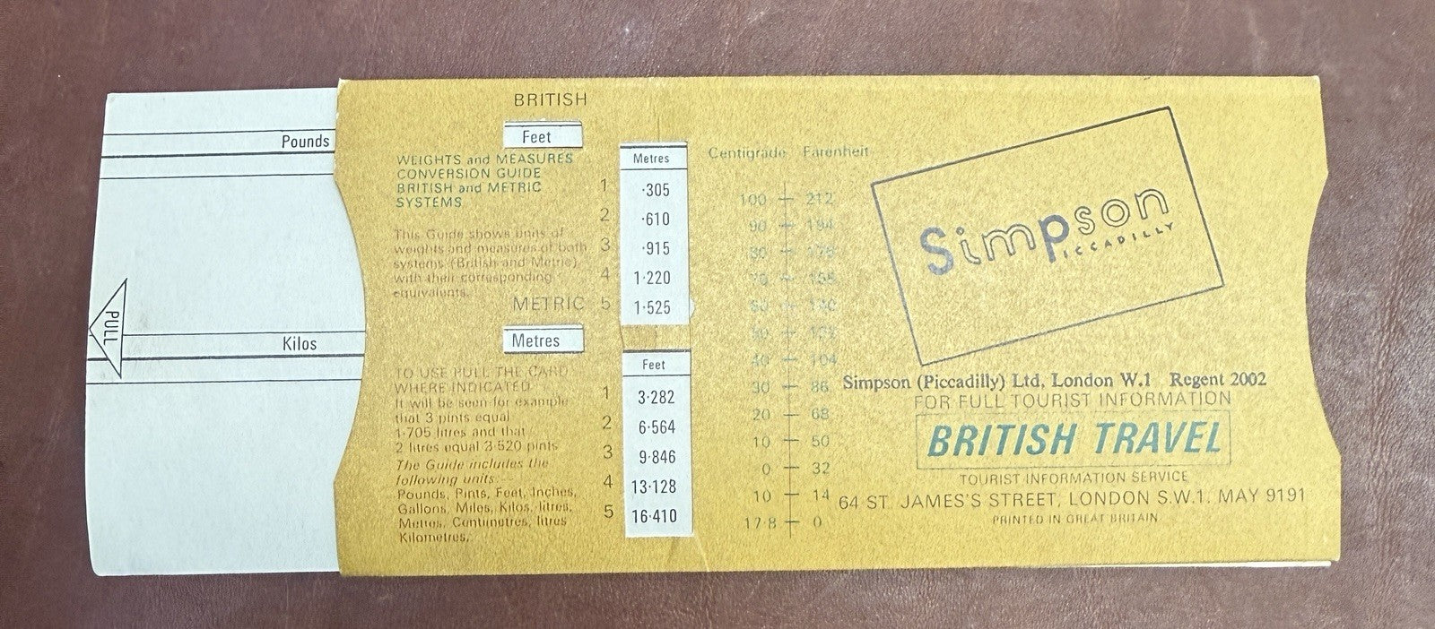 1968 British Travel Currency Conversion Guide Simpson Piccadilly London